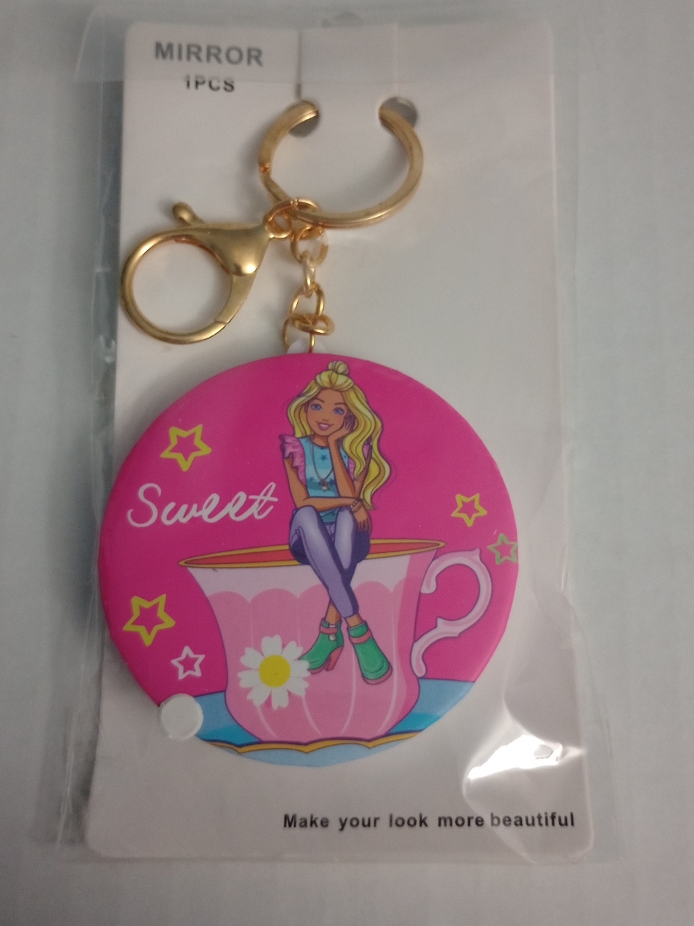 Barbie Sweet Teacup Mirror Keychain Gold Tone Ring And Clasp 2.5"